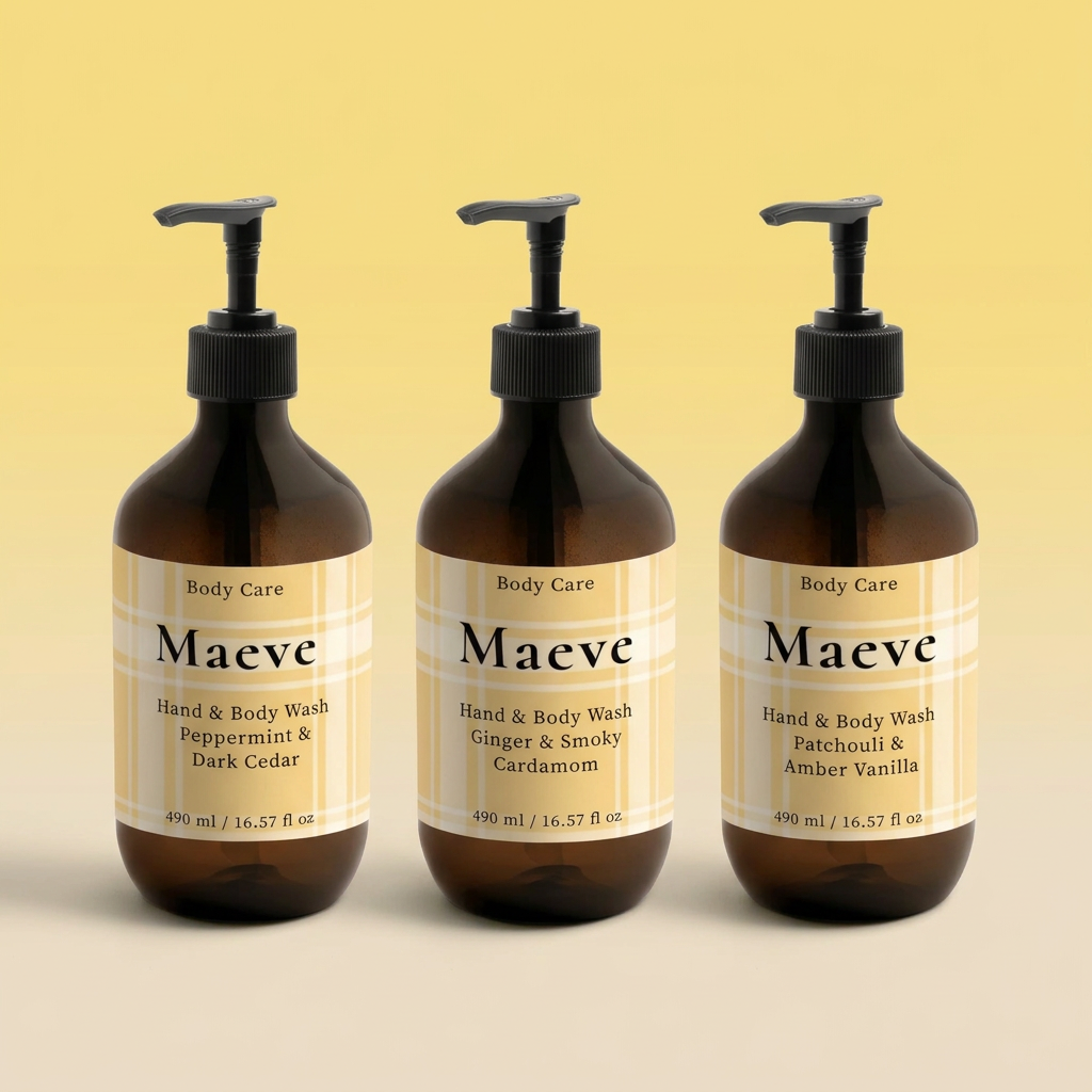 Drie Maeve bodywashes naast elkaar op de geel-beige achtergrond